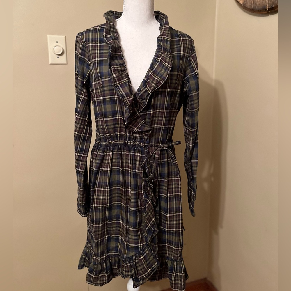 Plaid Long Sleeve Ruffle Wrap Dress in Navy/Olive 100% Cotton